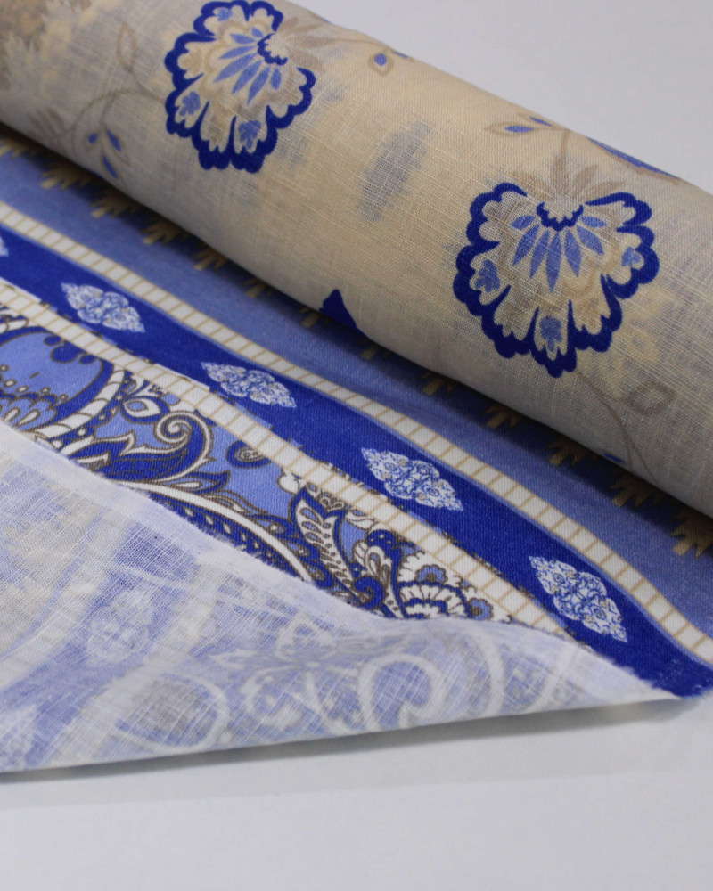 Tecido Linho Puro Italiano Barrado Vertical Muli Estampas Azul e Creme