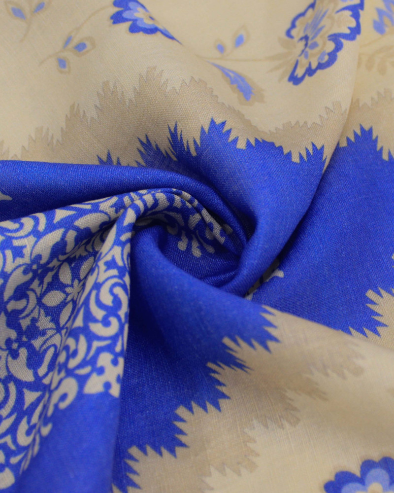 Tecido Linho Puro Italiano Barrado Vertical Muli Estampas Azul e Creme