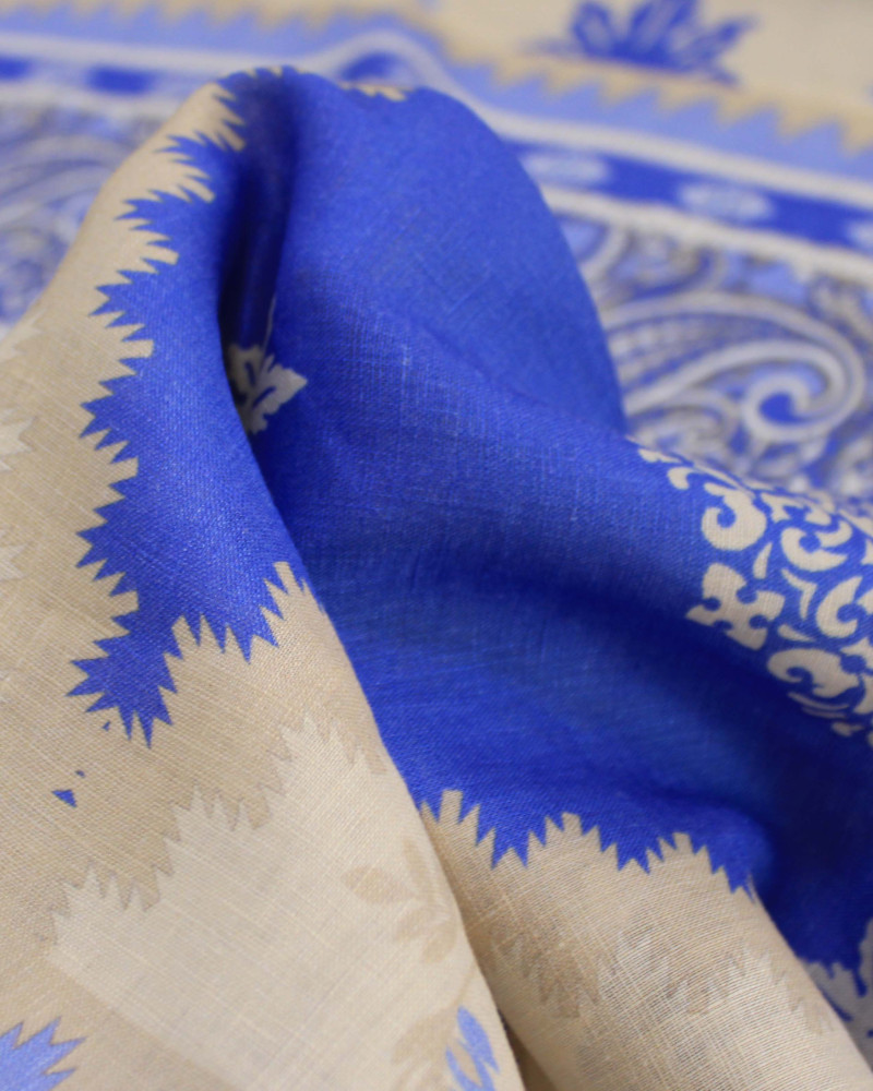 Tecido Linho Puro Italiano Barrado Vertical Muli Estampas Azul e Creme