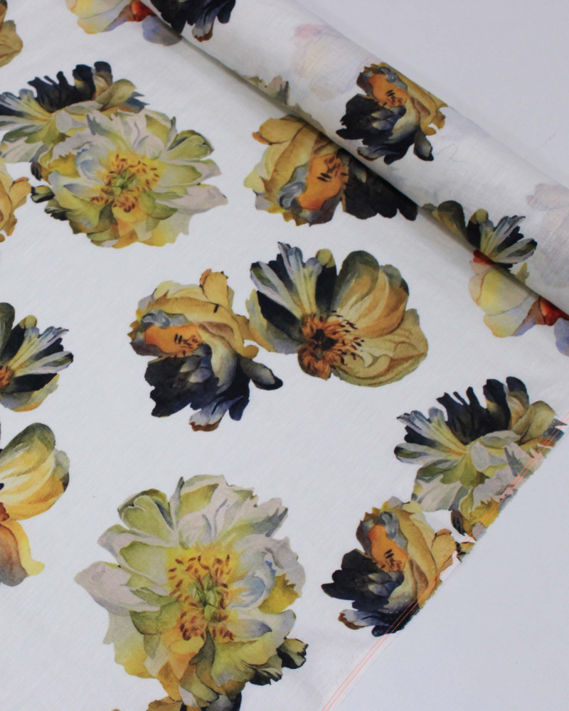 Tecido Linho Puro Italiano Tapete Macro Floral Colorido e Branco