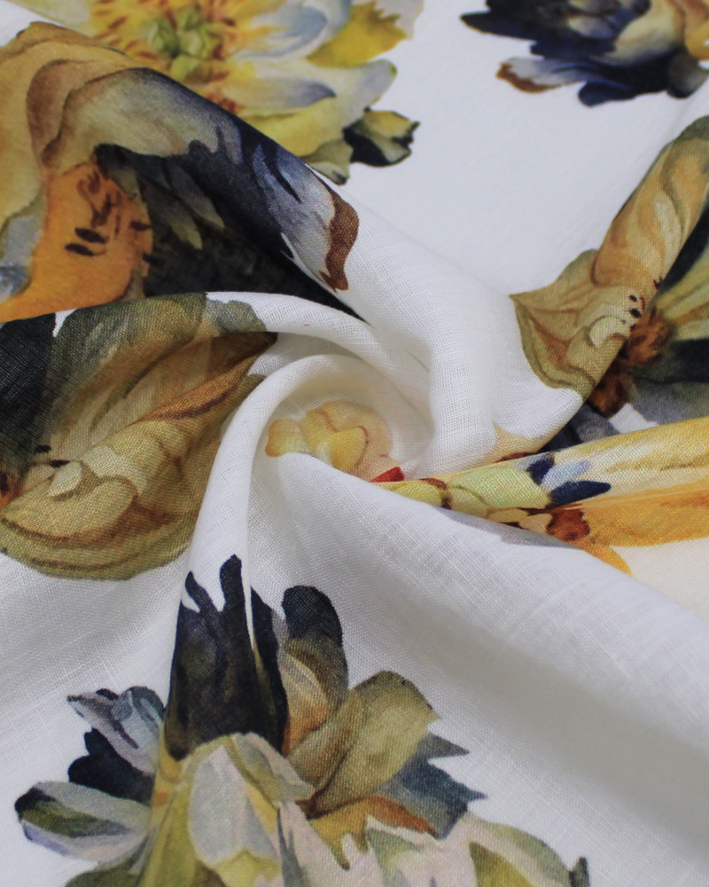 Tecido Linho Puro Italiano Tapete Macro Floral Colorido e Branco