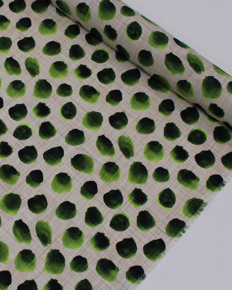 Tecido Linho Misto Italiano Pingos Irregulares Tons de Verde e Bege