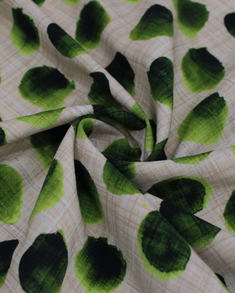 Tecido Linho Misto Italiano Pingos Irregulares Tons de Verde e Bege