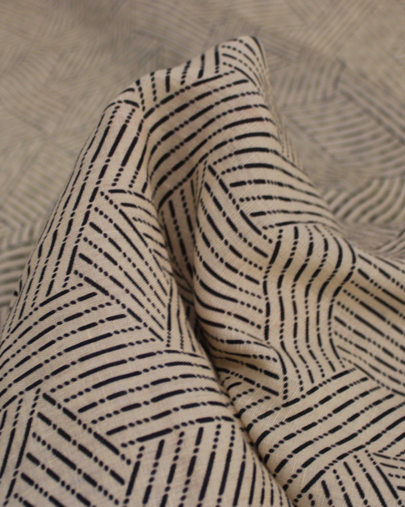 Tecido Linho Puro Italiano Estampa Geométrica Pontilhada Irregula Preto e Bege