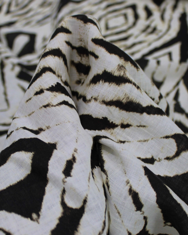 Tecido Linho Puro Italiano Estampa Étnica Abstrata Preto e Offwhite
