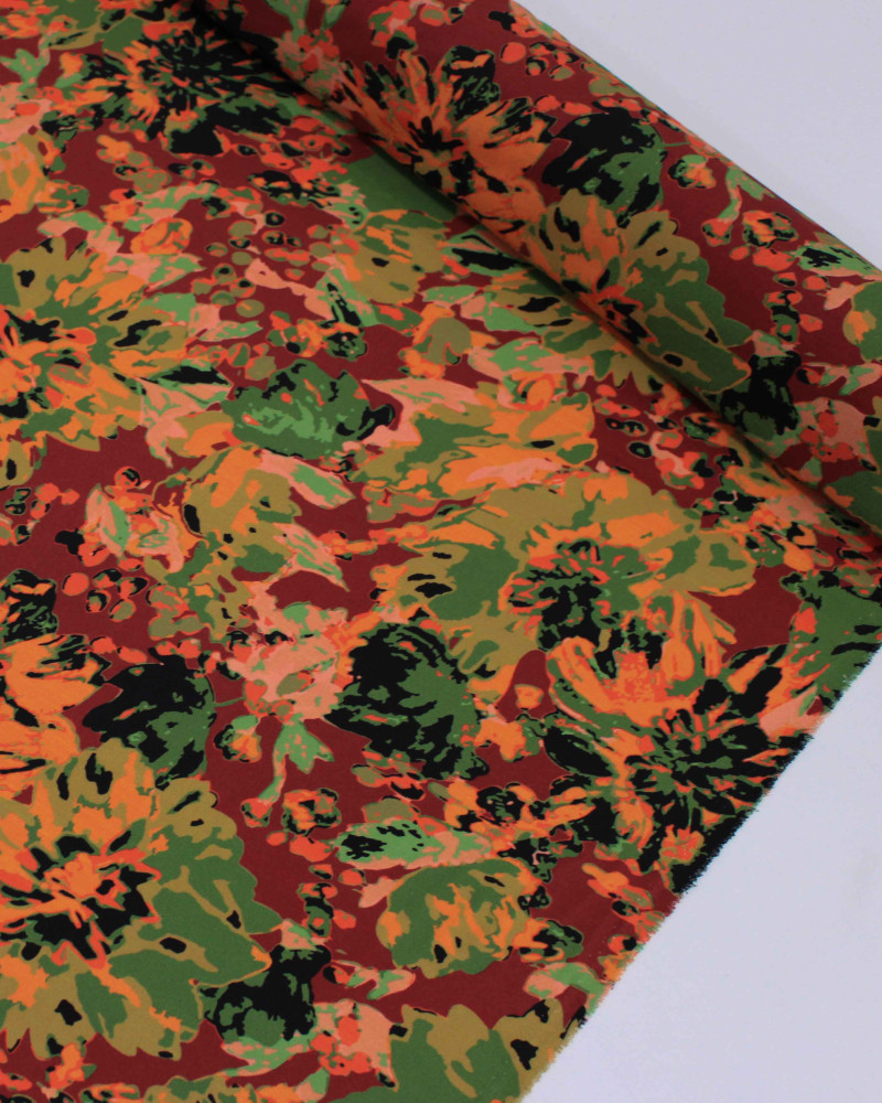 Tecido Crepe de Viscose Italiano Estampa Floral Abstrata Tons Quentes