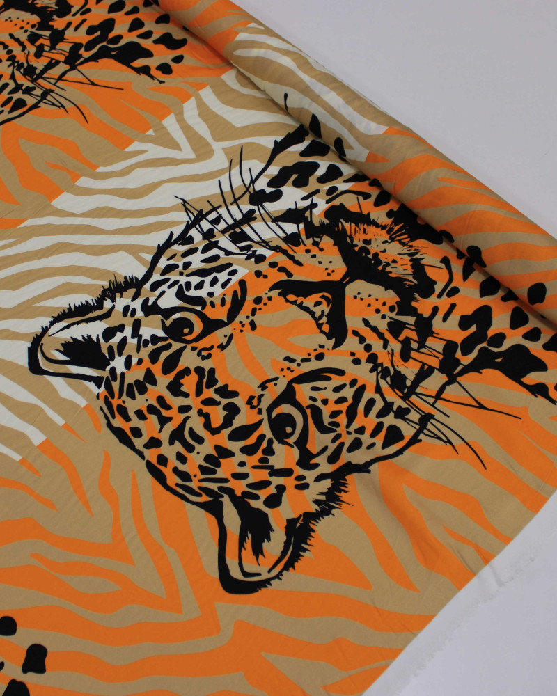 Tecido Viscose Italiano Macro Onças e Animal Print em Listras Preto, Laranja e Bege