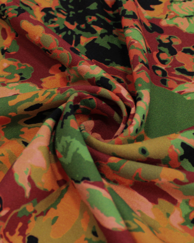 Tecido Crepe de Viscose Italiano Estampa Floral Abstrata Tons Quentes