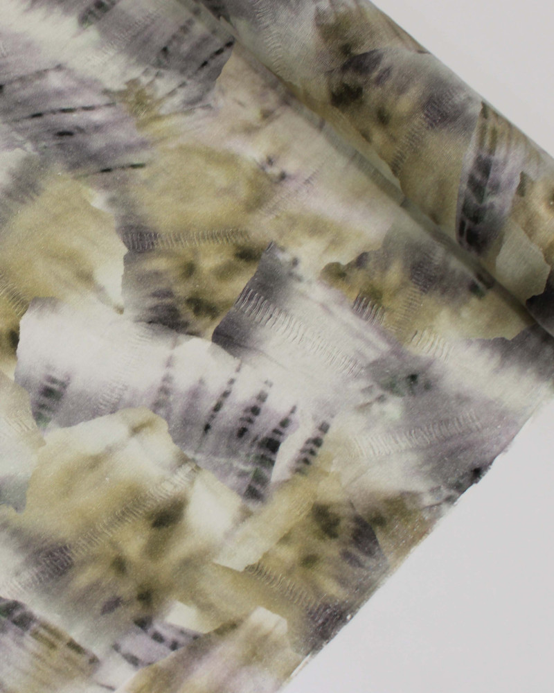 Tecido Linho Puro Italiano Estampa Abstrata em Recortes Tons de Amarelo e Tons de Cinza