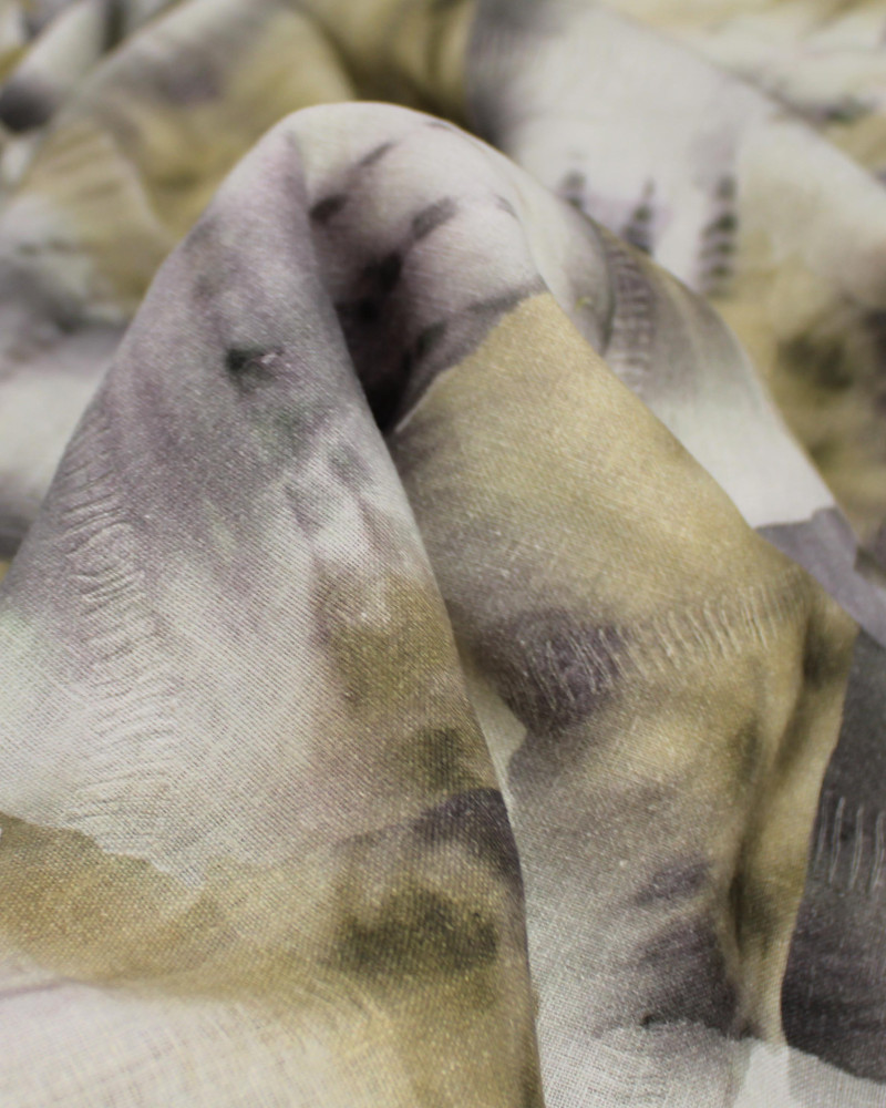 Tecido Linho Puro Italiano Estampa Abstrata em Recortes Tons de Amarelo e Tons de Cinza