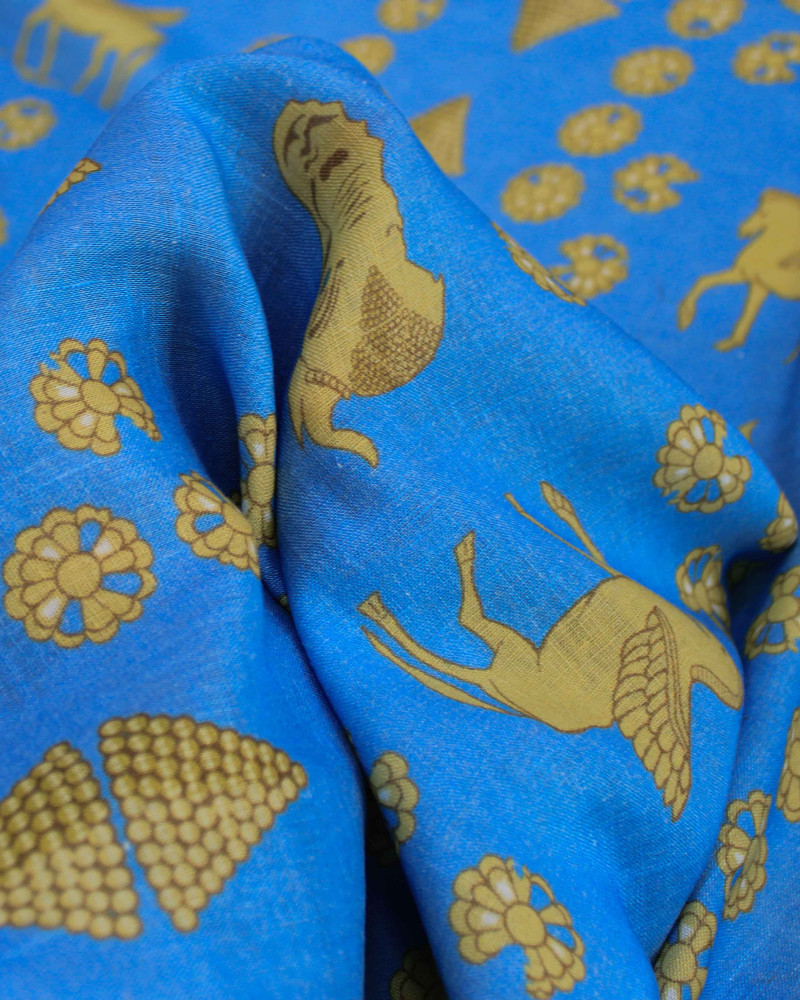 Tecido Linho Puro Italiano Búfalo e Pégaso Amarelo e Azul