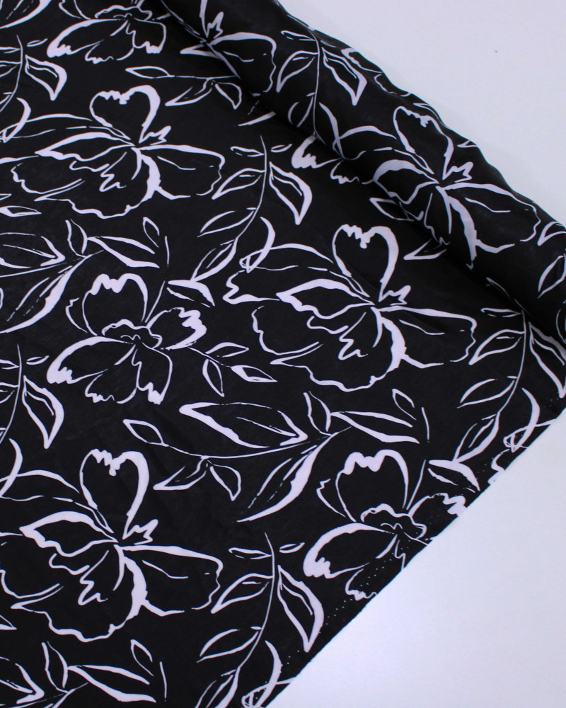 Tecido Crepe Silk Italiano Rascunho Floral Branco e Preto