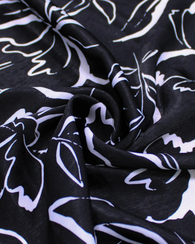 Tecido Crepe Silk Italiano Rascunho Floral Branco e Preto