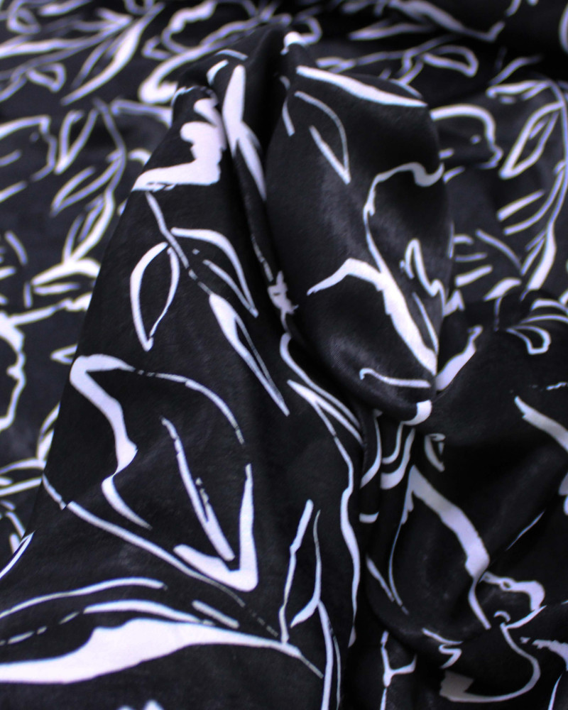 Tecido Crepe Silk Italiano Rascunho Floral Branco e Preto