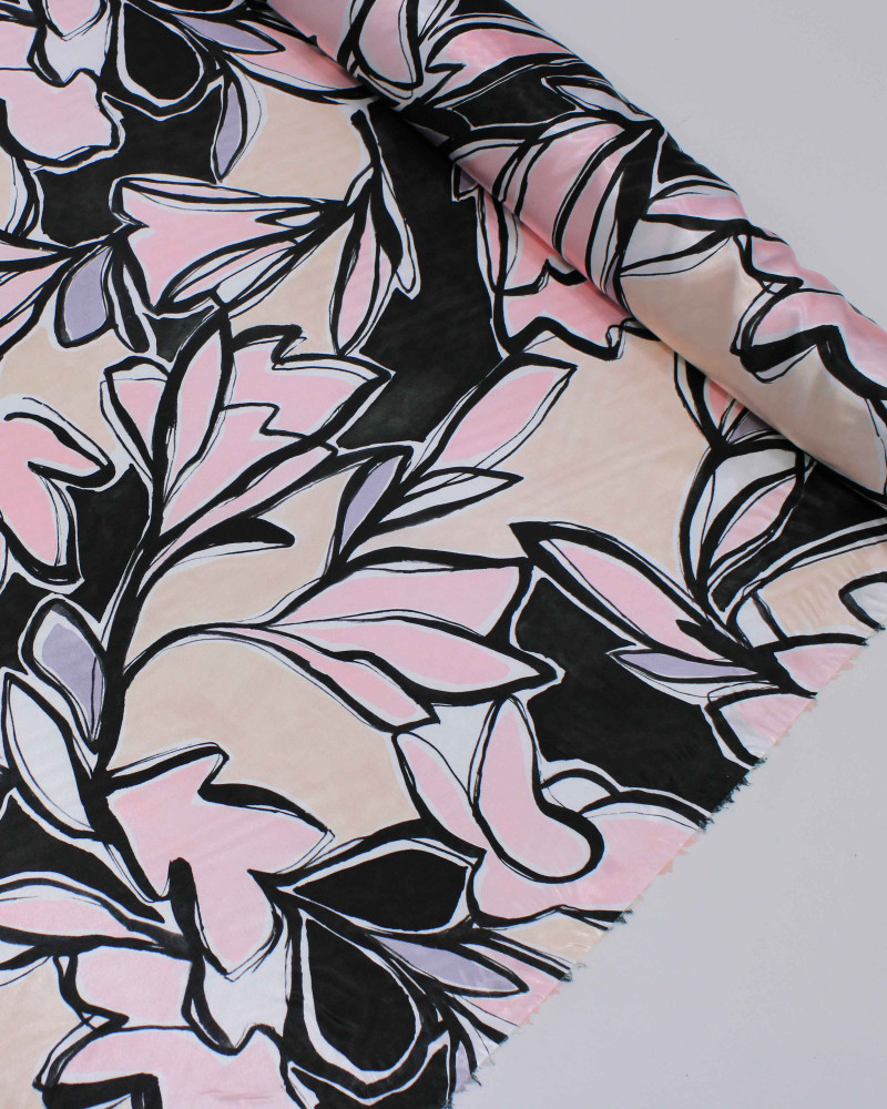 Tecido Crepe Silk Italiano Desenho Abstrato Floral Rosa, Preto e Pêssego
