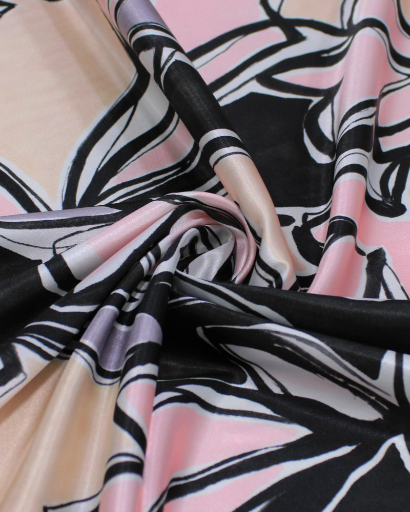 Tecido Crepe Silk Italiano Desenho Abstrato Floral Rosa, Preto e Pêssego