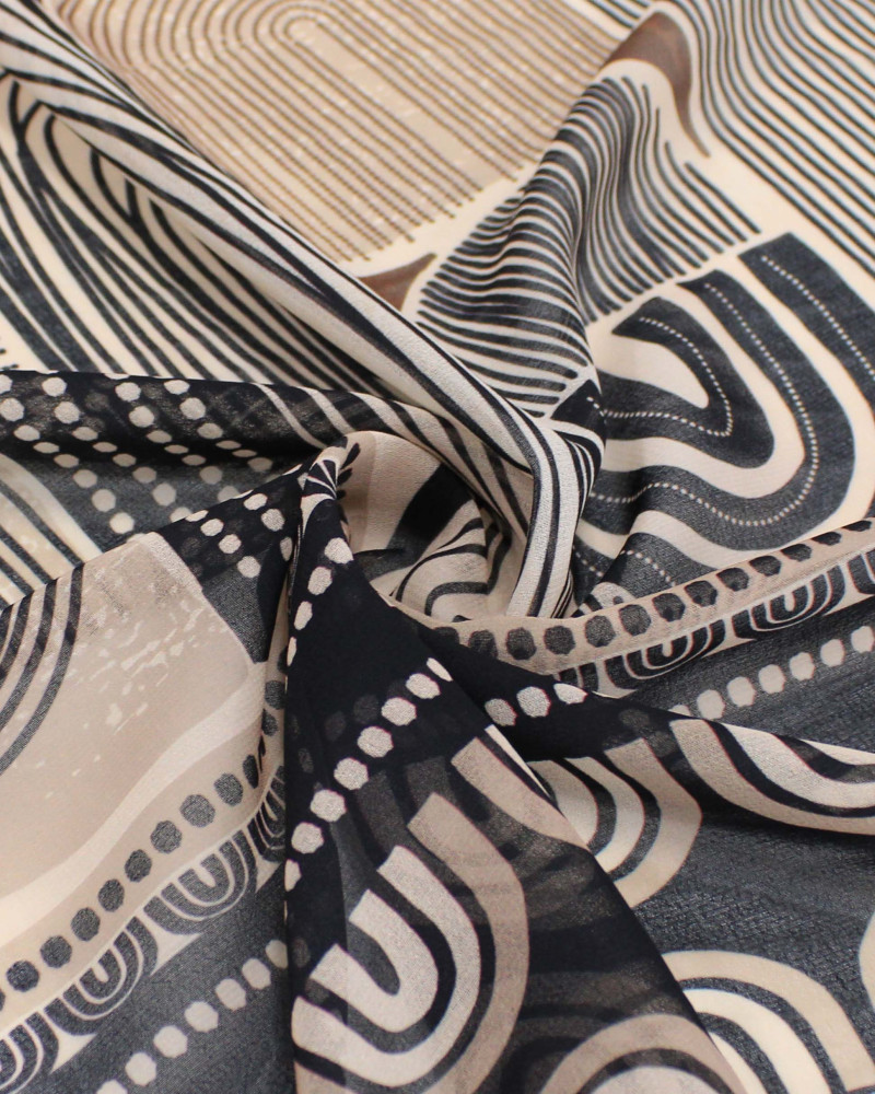 Tecido Crepe Chiffon Italiano Barrado Duplo Estampa geométrica em Listras Preto e Bege