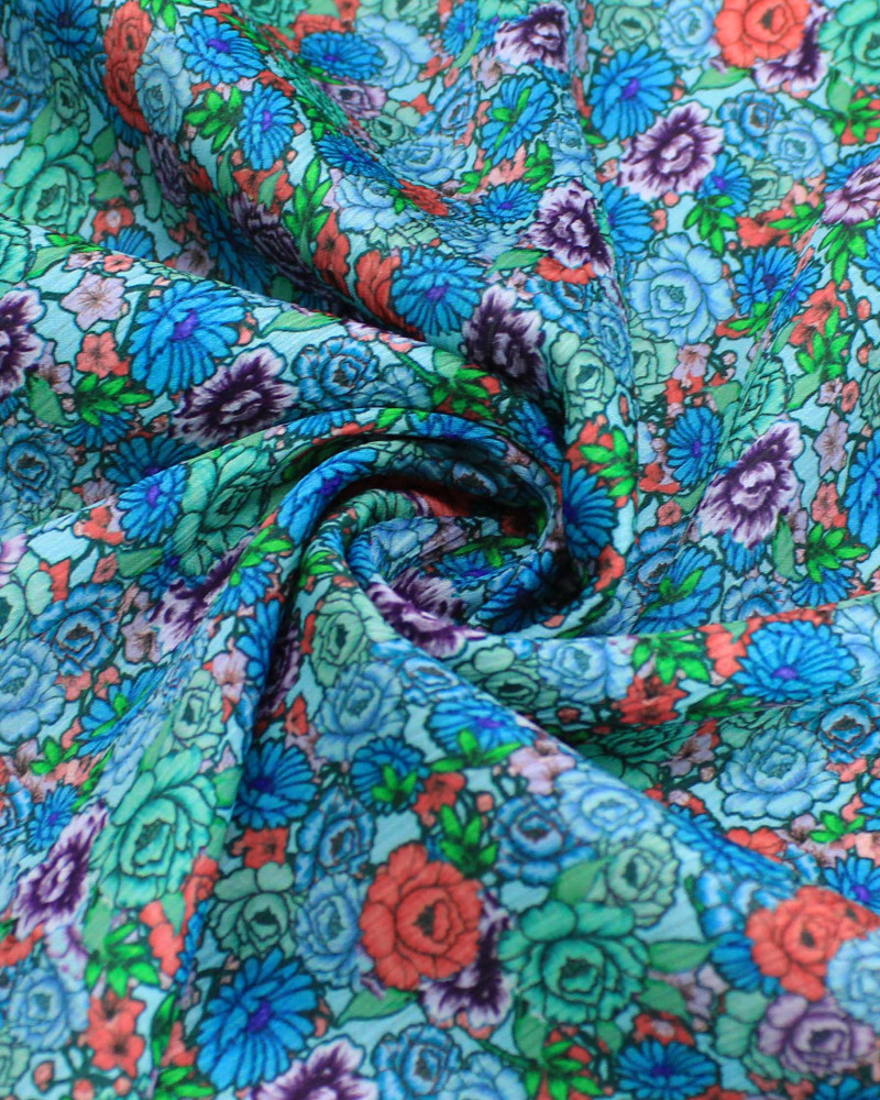 Tecido Crepe Chiffon Texturizado Italiano Tapete Floral em Listras Colorido