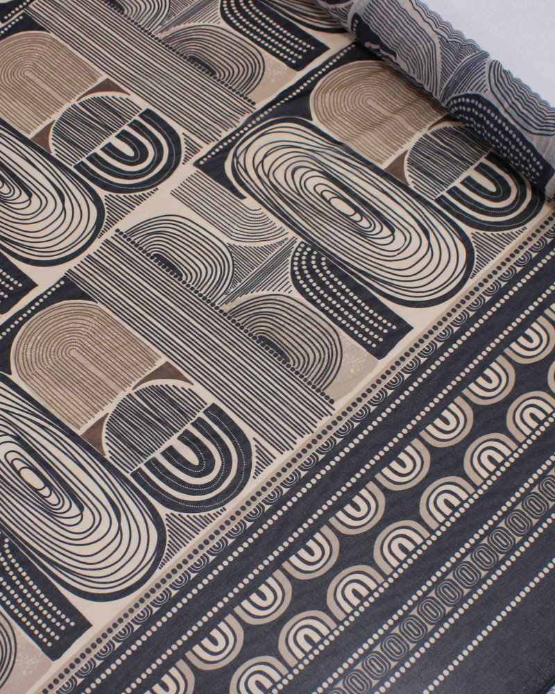 Tecido Crepe Chiffon Italiano Barrado Duplo Estampa geométrica em Listras Preto e Bege