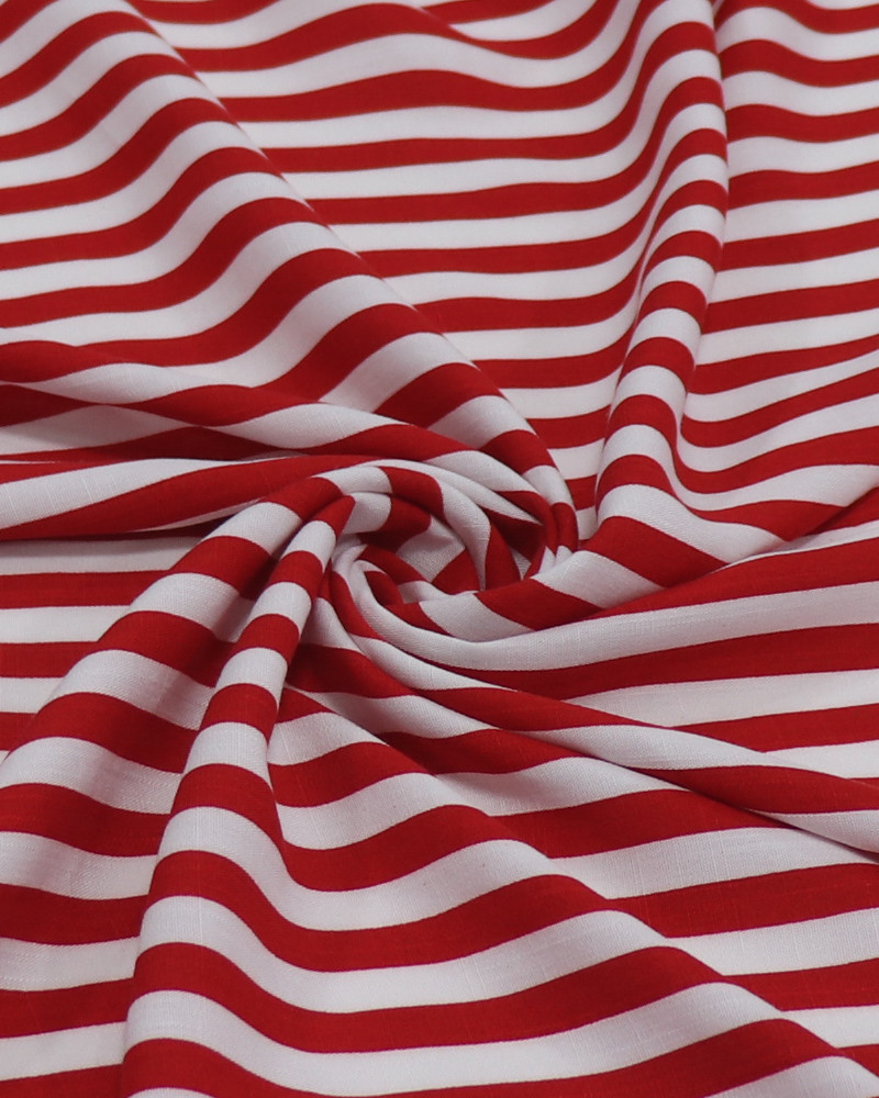 Tecido Viscose Texturizada Listrado Branco e Vermelho