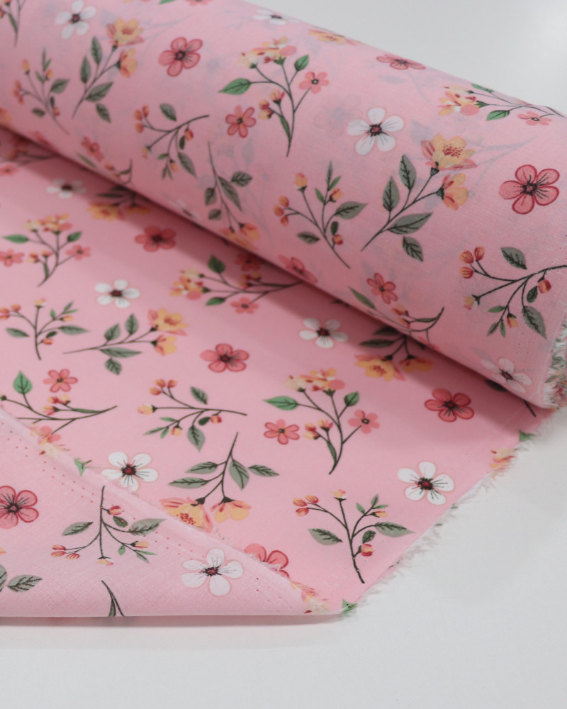 Tecido Cambraia de Algodão Jardim Floral Branco e Rosa