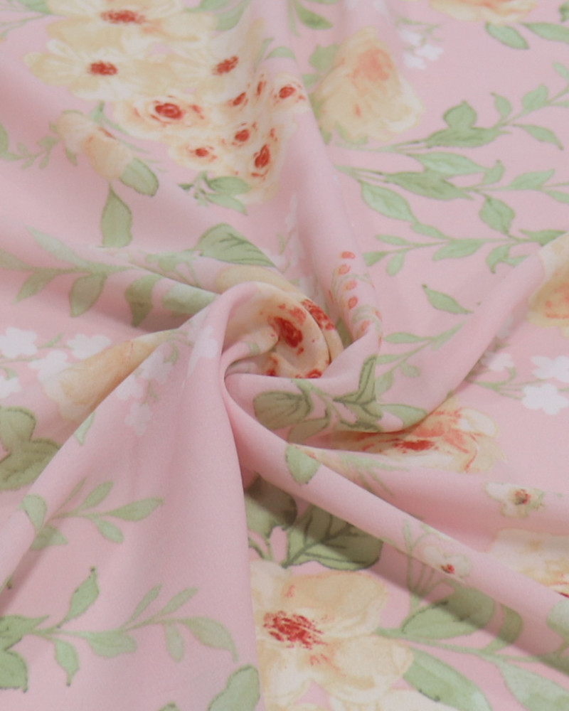 Tecido Crepe Koshibo Leve Campo Floral Bege Claro e Rosa Bebê