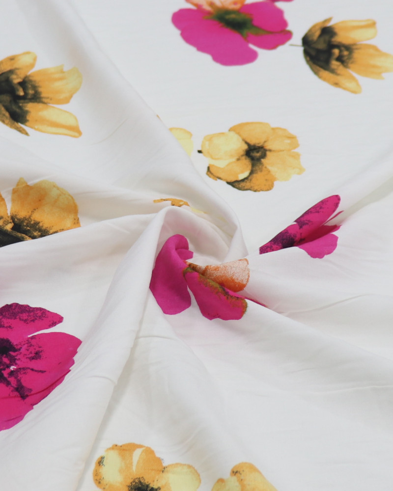 Tecido Viscose Portulacas Pink, Laranja e Offwhite