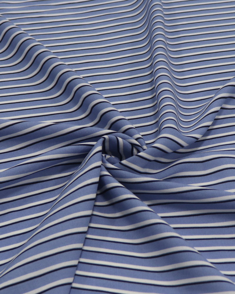 Tecido Viscose Multi Listras Preto, Branco e Azul Índigo