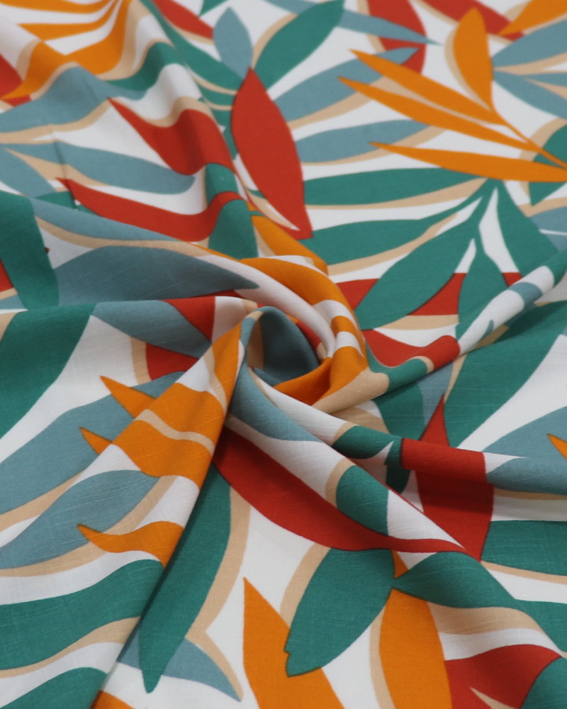 Tecido Viscose Texturizada Folhagens Terracota, Laranja e Verde