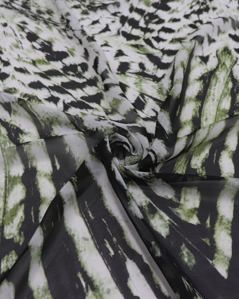 Tecido Crepe Chiffon Estampa Abstrata Branco e Tons de Verde