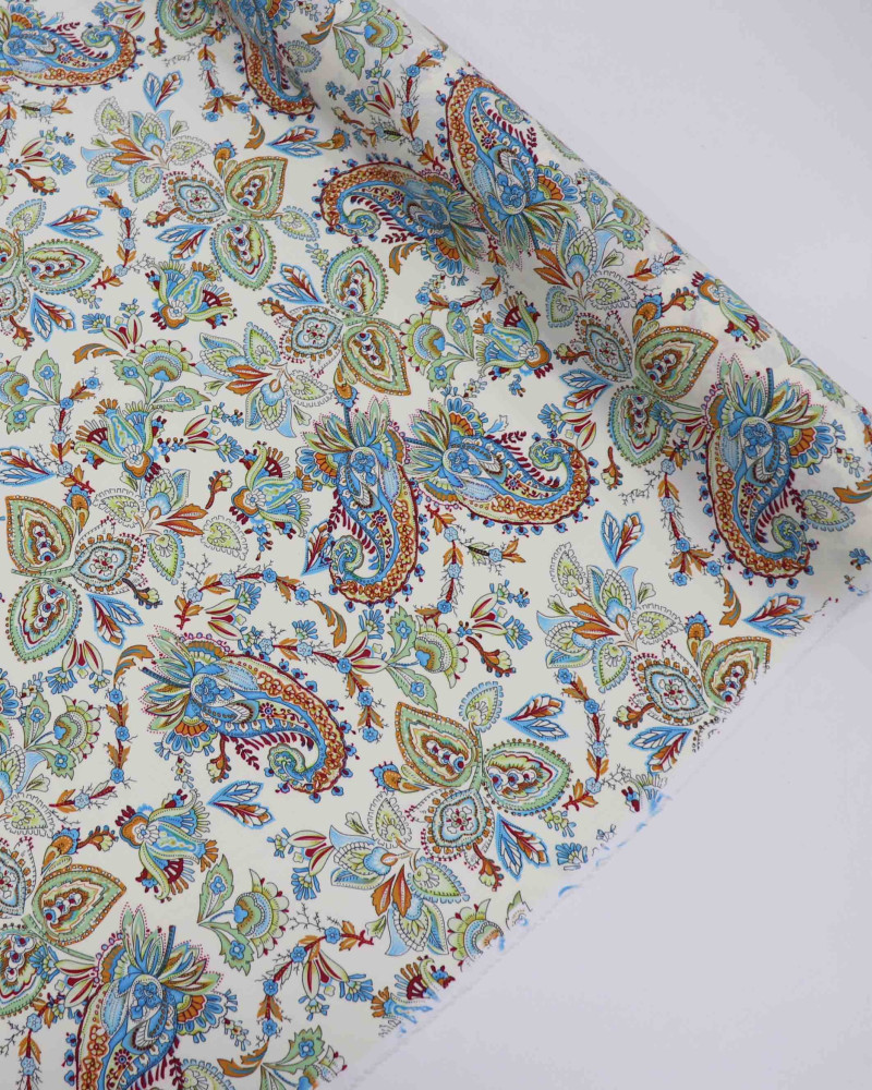 Tecido Viscose Estampa Paisley Tons Frios e Creme