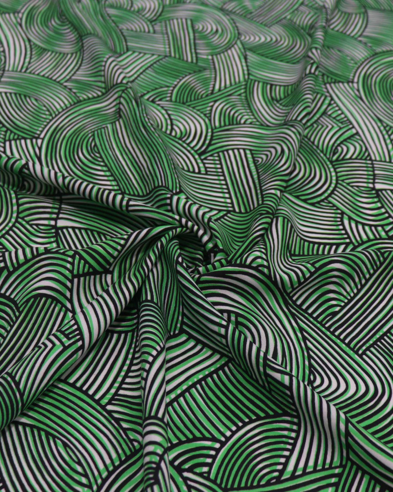 Tecido Viscose Italiano Riscos Ondulados Preto, Verde e Branco