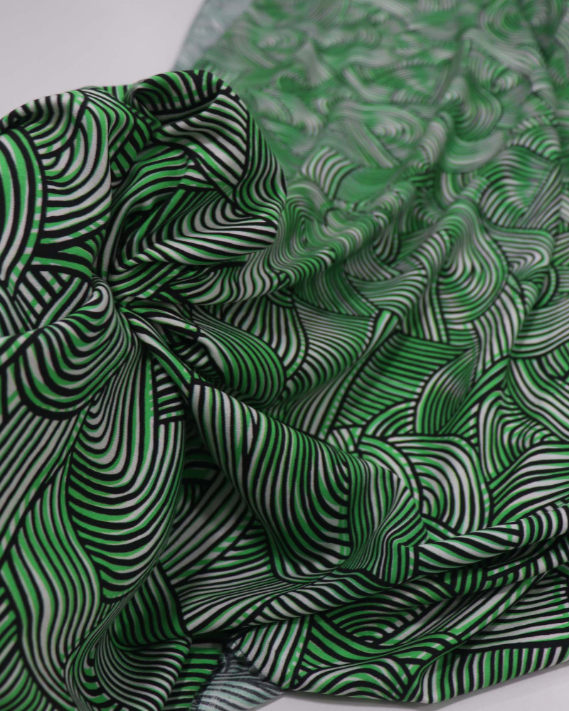 Tecido Viscose Italiano Riscos Ondulados Preto, Verde e Branco