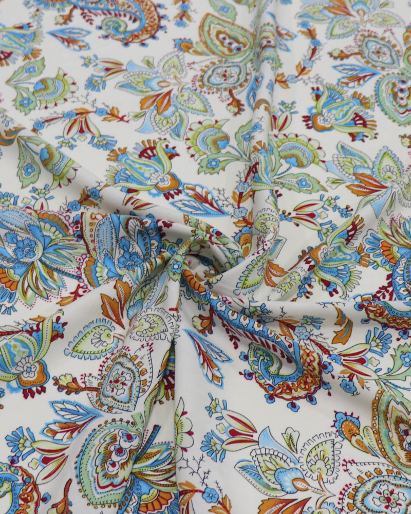 Tecido Viscose Estampa Paisley Tons Frios e Creme