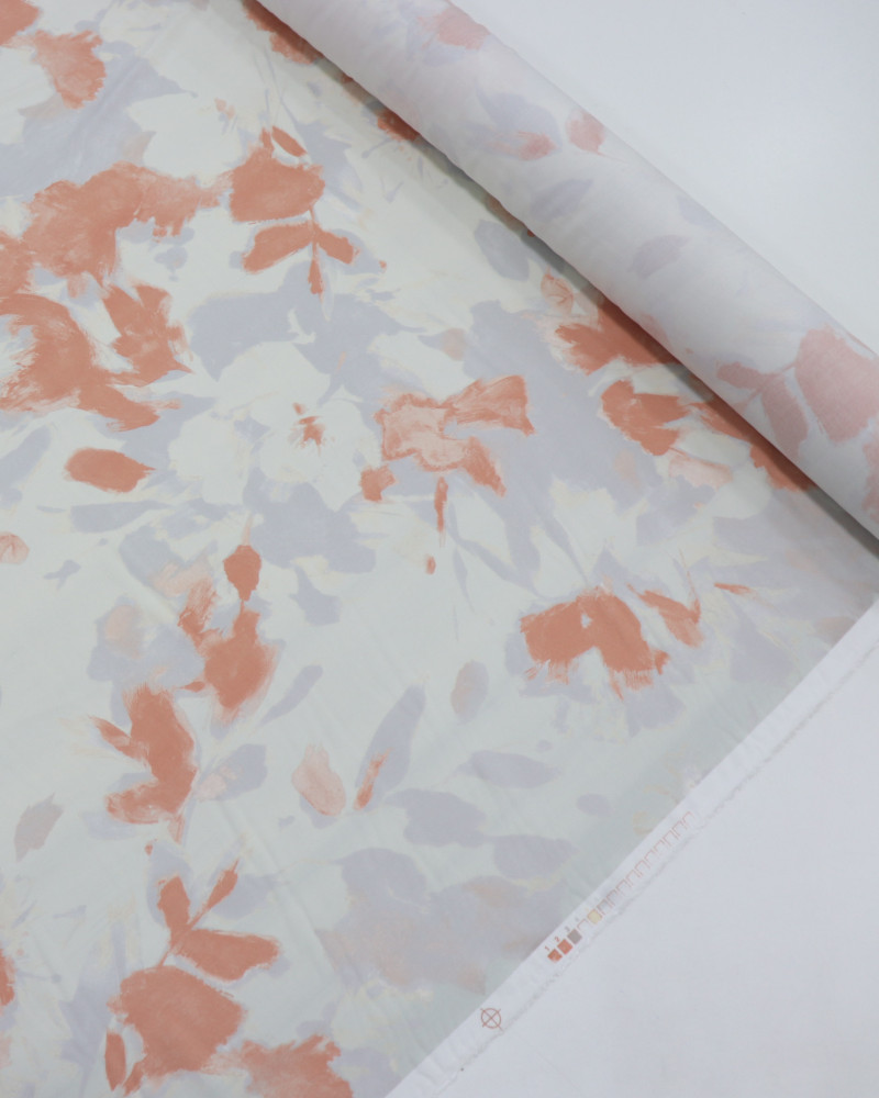 Tecido Viscose Italiano Pintura em Aquarela Flores Coral e Cinza
