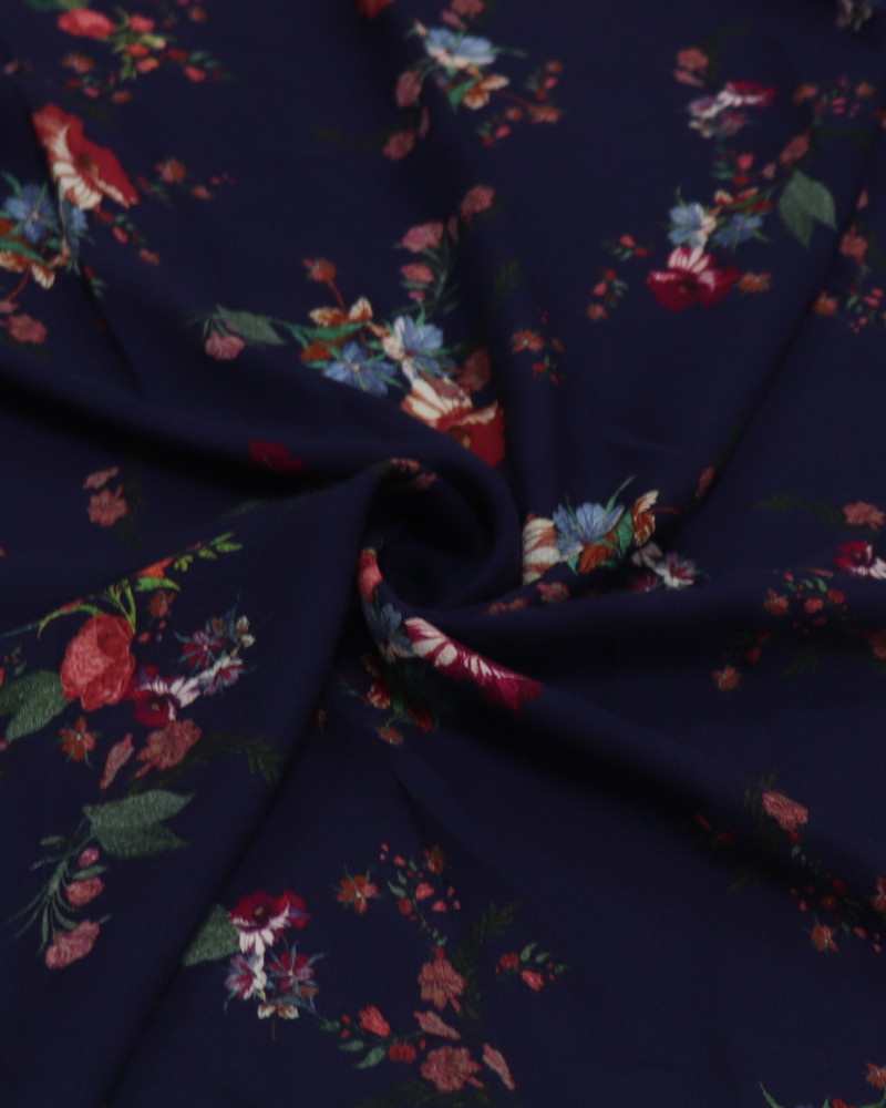 Tecido Viscose Texturizada Buquê Floral Colorido e Azul Marinho