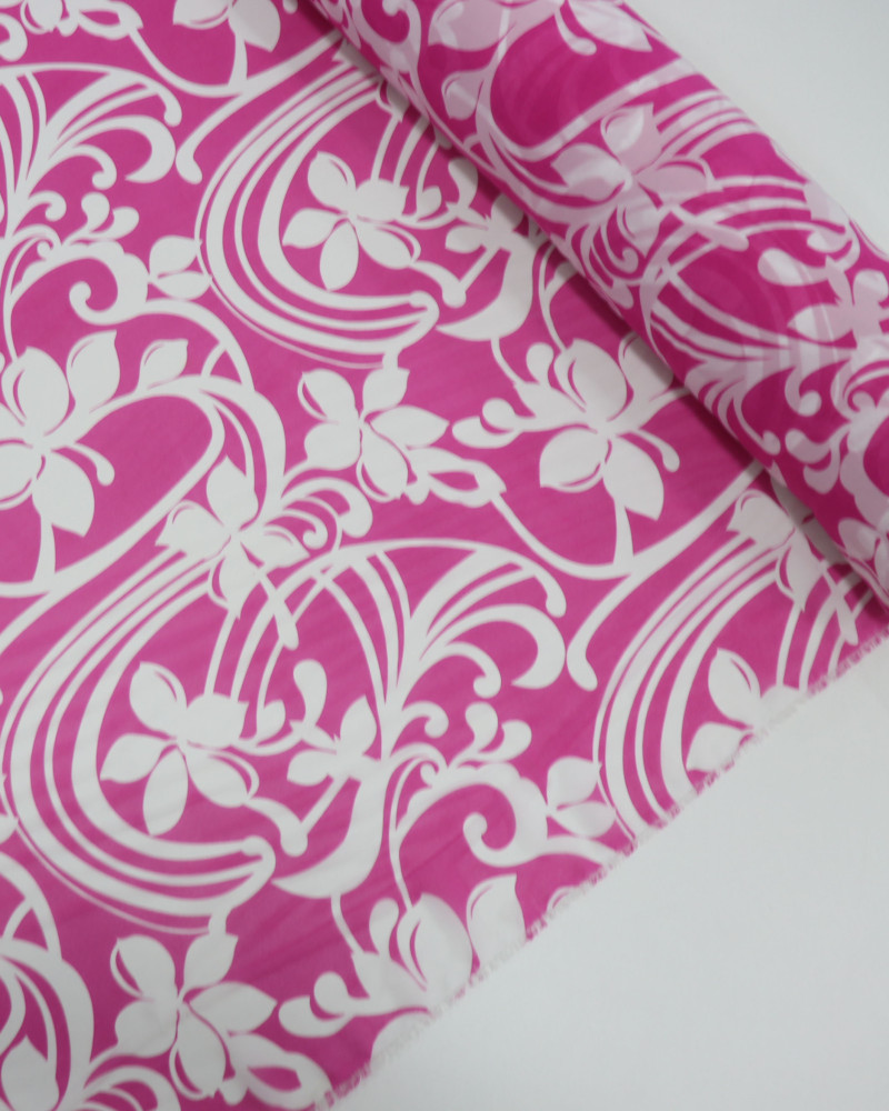 Tecido Crepe Chiffon Arabesco Floral Branco e Rosa