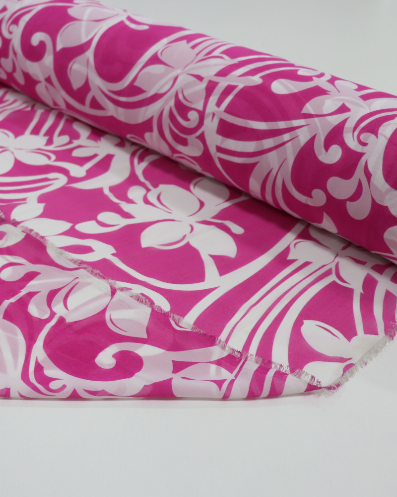 Tecido Crepe Chiffon Arabesco Floral Branco e Rosa