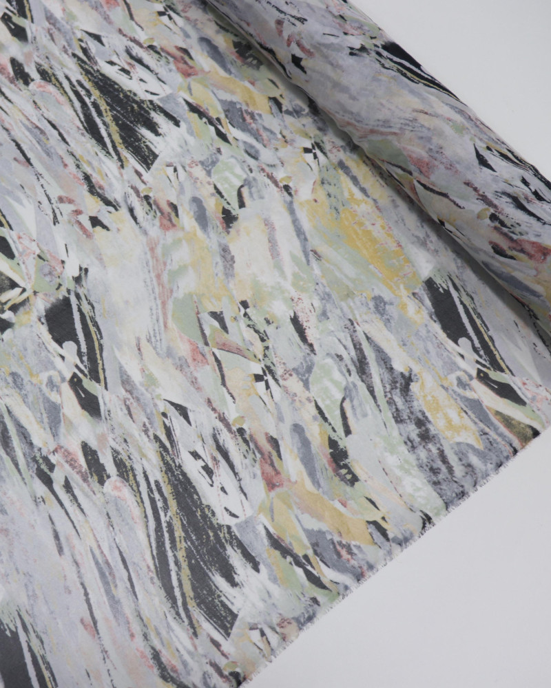 Tecido Crepe Chiffon Pinceladas Abstratas Preto e Cinza