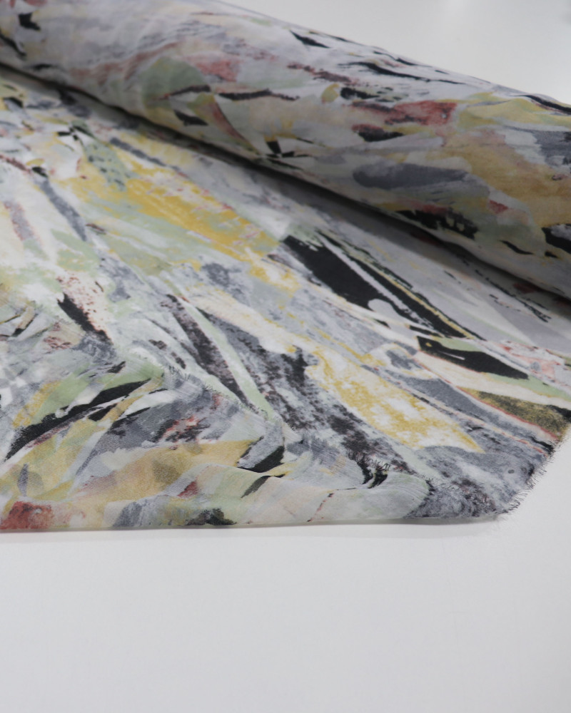 Tecido Crepe Chiffon Pinceladas Abstratas Preto e Cinza