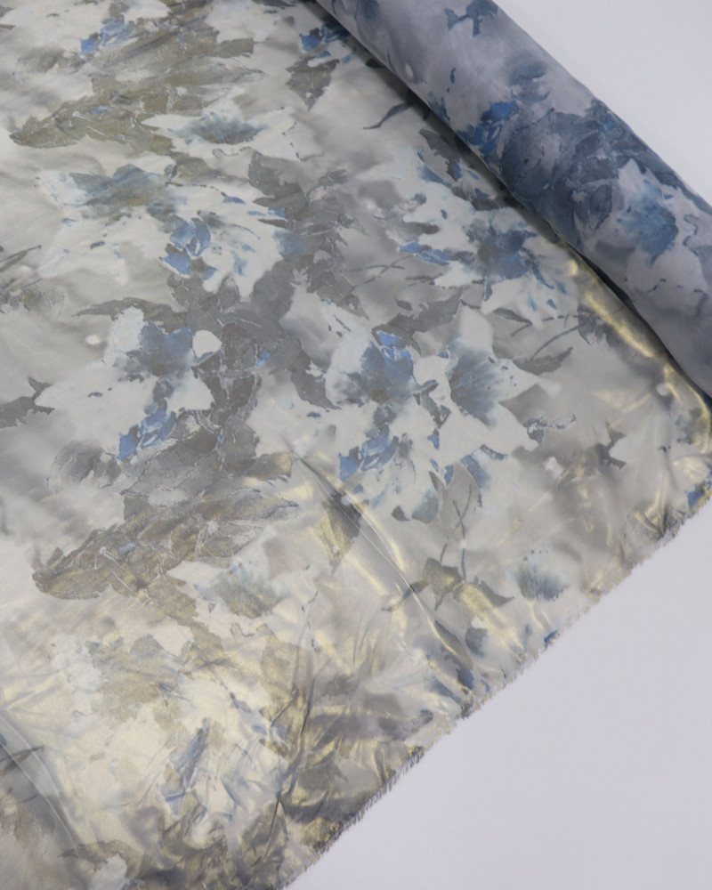 Tecido Crepe Chiffon Toque de Seda com Fóil Floral Tons Frios