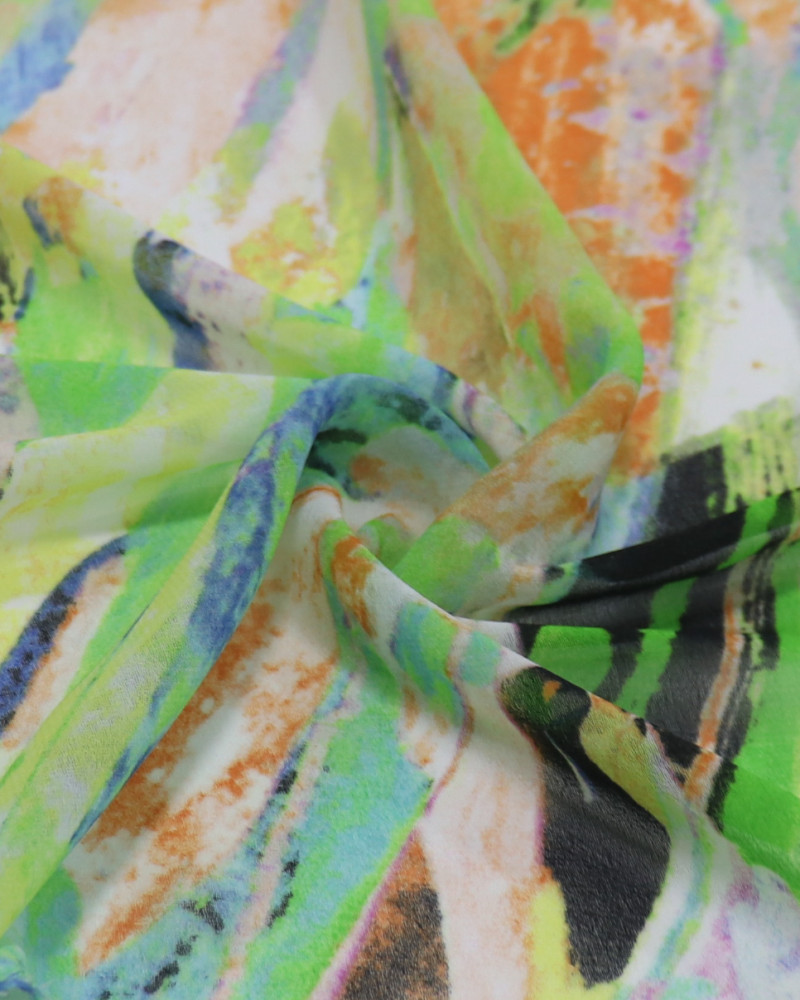 Tecido Crepe Chiffon Pinceladas Abstratas Laranja e Verde