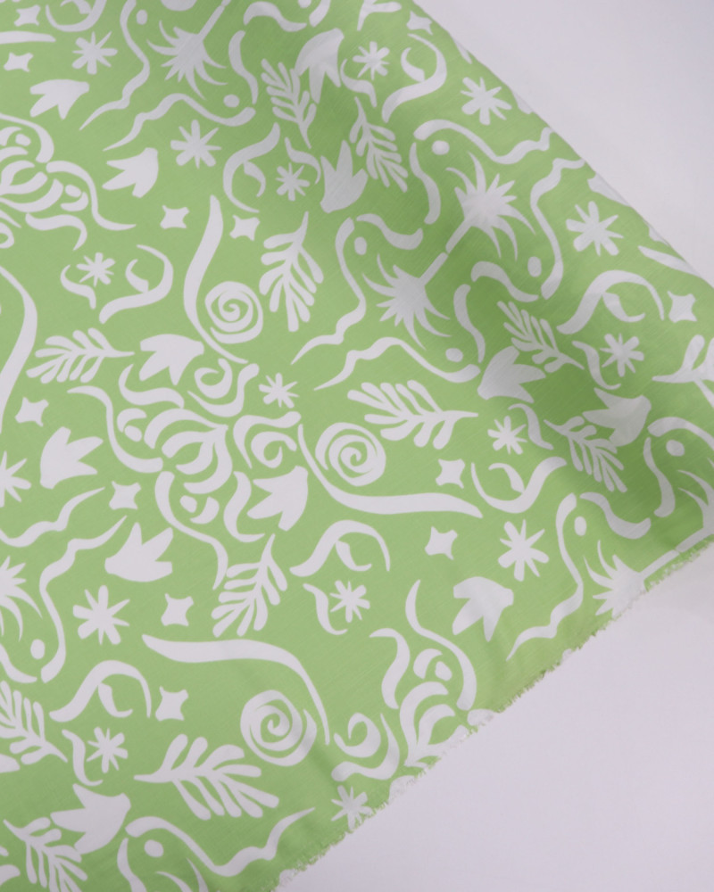 Tecido Viscose Texturizada Folhas e Espirais Pistache