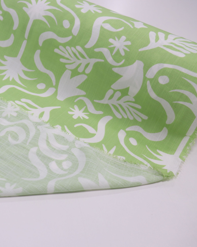 Tecido Viscose Texturizada Folhas e Espirais Pistache