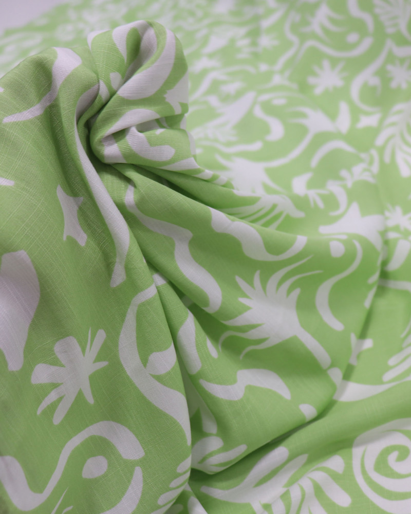 Tecido Viscose Texturizada Folhas e Espirais Pistache