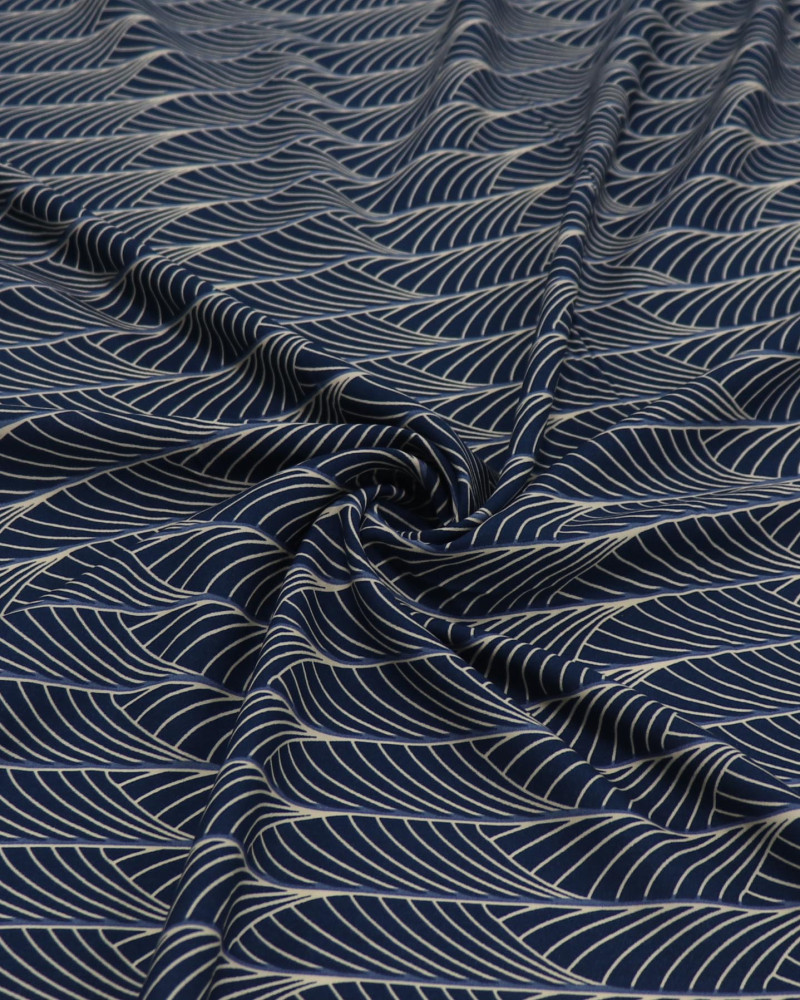Tecido Viscose Linhas Curvas Creme e Azul Petróleo