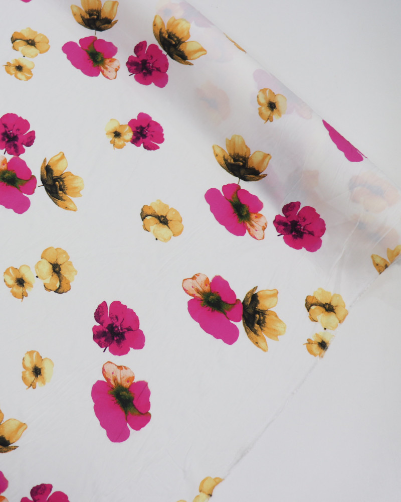 Tecido Viscose Portulacas Pink, Laranja e Offwhite