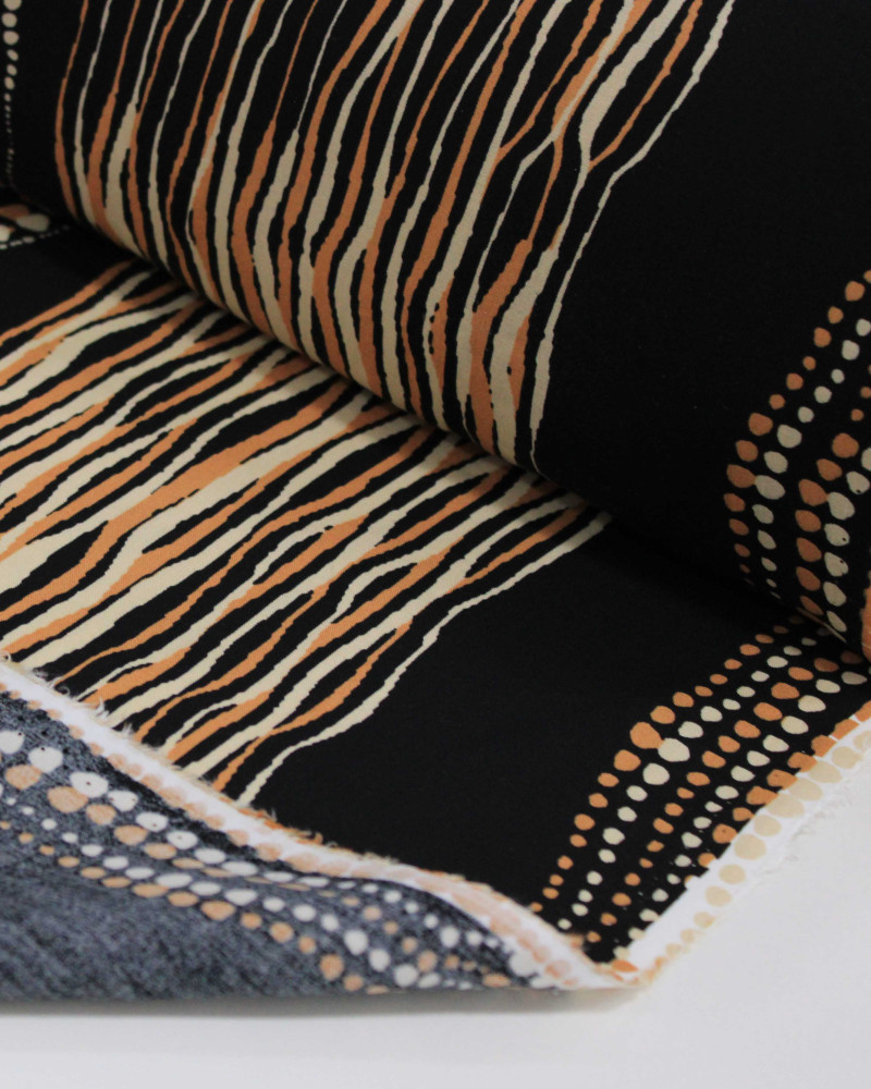 Tecido Viscose Listrado Pontilhado Irregular Argila, Bege e Preto