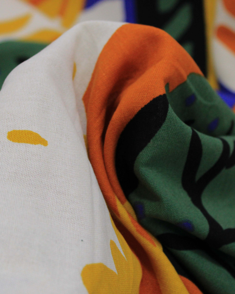 Tecido Linho Misto Estampado Macro Folhas Abstratas Colorido