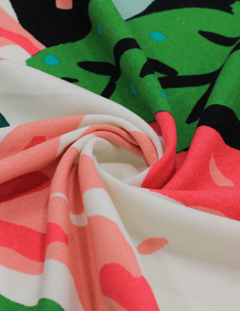 Tecido Linho Misto Estampado Macro Folhas Abstratas Verde, Rosa e Preto